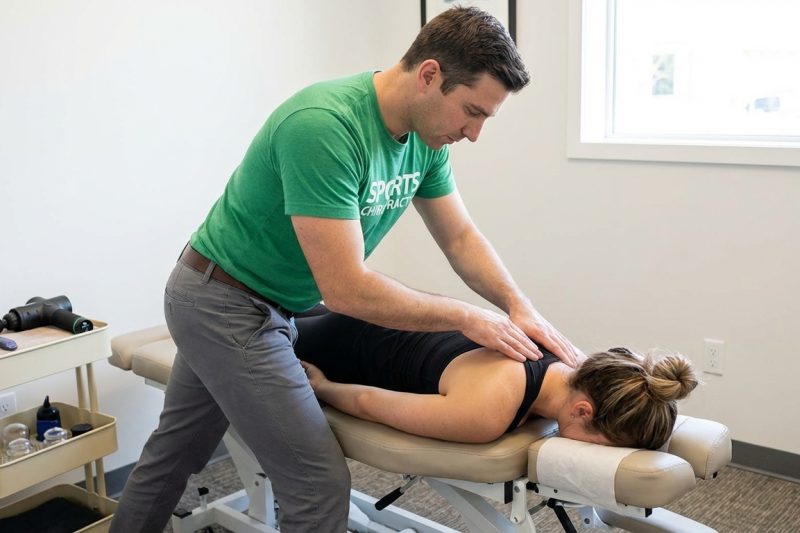 Chiropractor performing manual therapy and soft tissue work on patient at a performance chiropractic clinic in Southern Pines