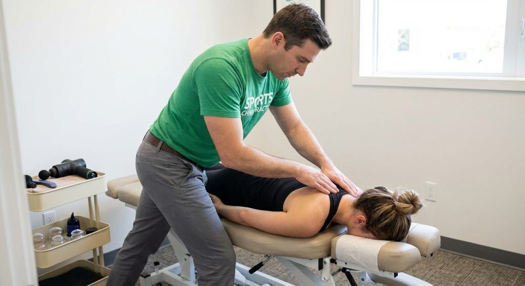 Patient undergoing movement assessment with a chiropractor at a sports performance chiropractic clinic in Southern Pines